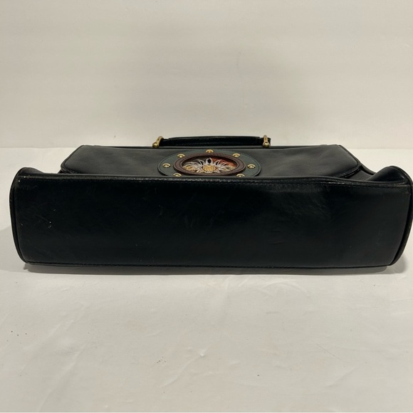 Vintage Donnio Italian Black Leather Satchel Purse with Sunburst Design, Unique - Picture 4 of 16